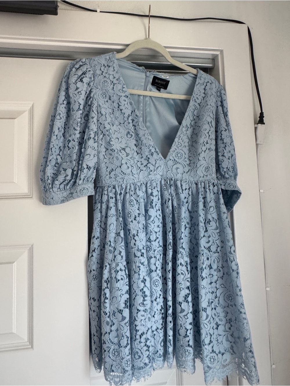 Bardot Powder Blue Lace V-Neck Mini Dress